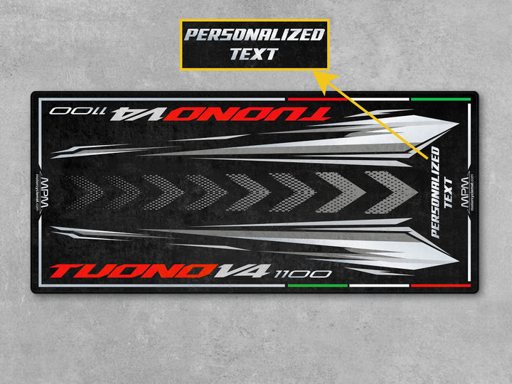 Custom parking mat for Aprilia Tuono V4 Shark Grey. Great rider gift or garage floor pad for pit setups, racing events, or personalized garage styling.
