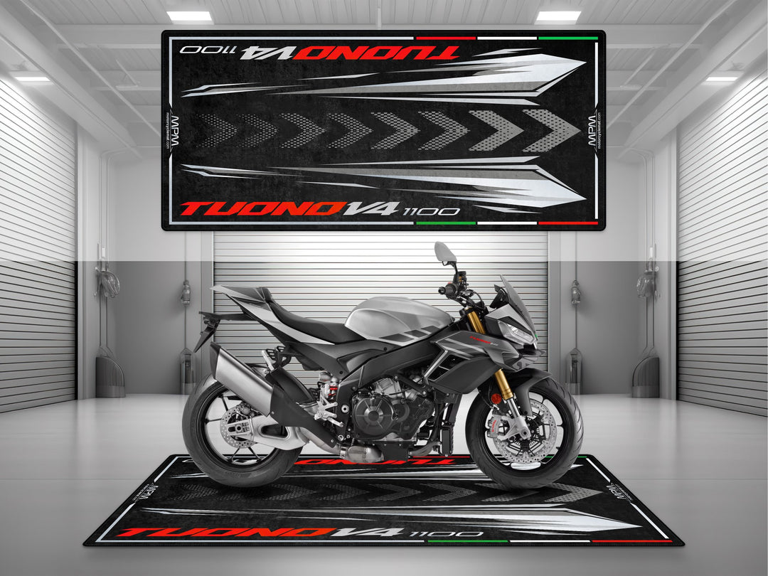 Parking and garage mat for Aprilia Tuono V4 1100 Shark Grey. Premium motorcycle gift, garage accessory, or parts pad to protect your naked sportbike.

