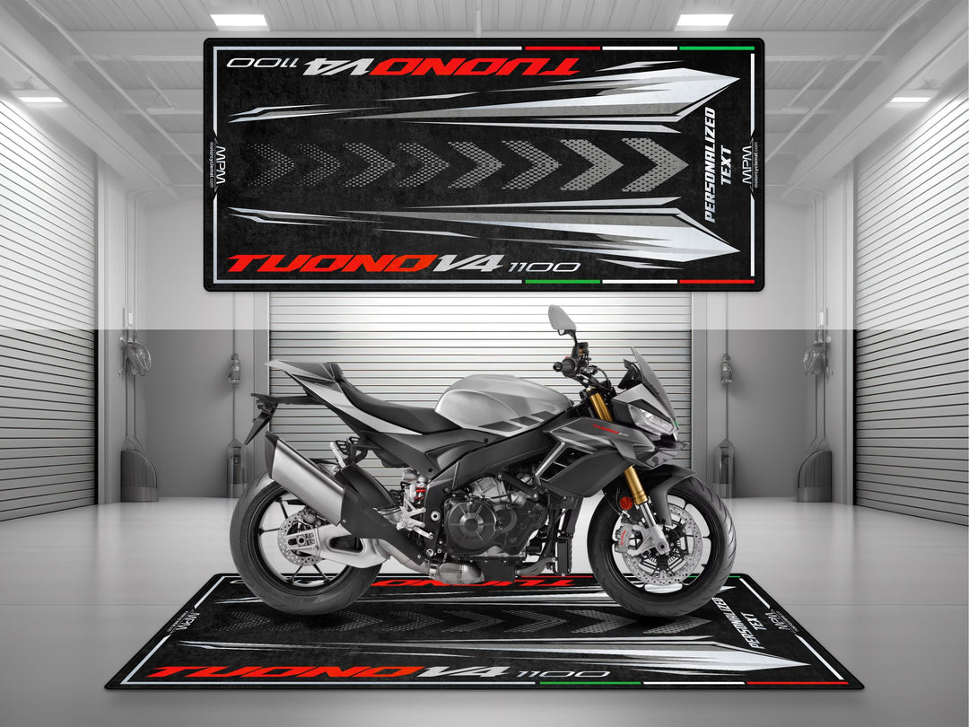 Personalized garage mat for Aprilia Tuono V4 1100 Shark Grey. Unique motorcycle gift and parts accessory for protecting and showcasing your sportbike.
