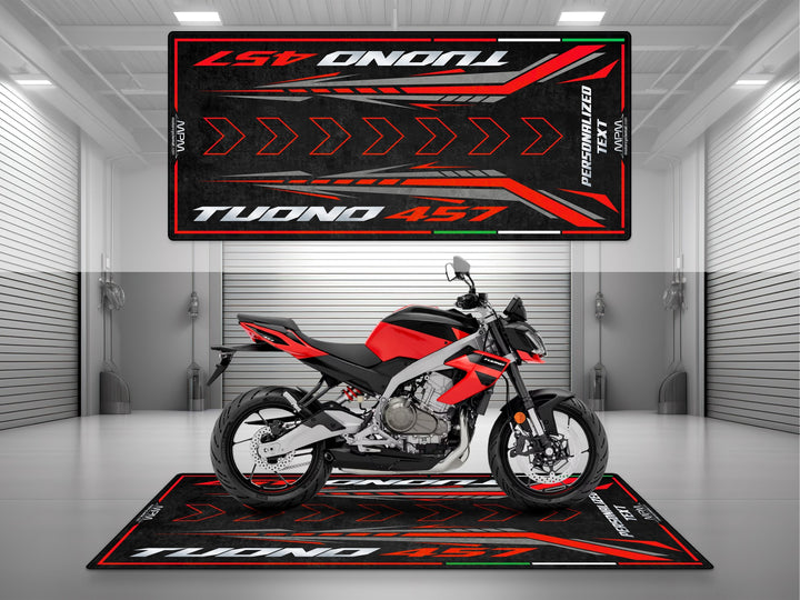 Personalized garage mat for Aprilia Tuono 457 Piranha Red. Custom floor cover, motorcycle gift, and parts-focused parking mat for sportbike lovers.
