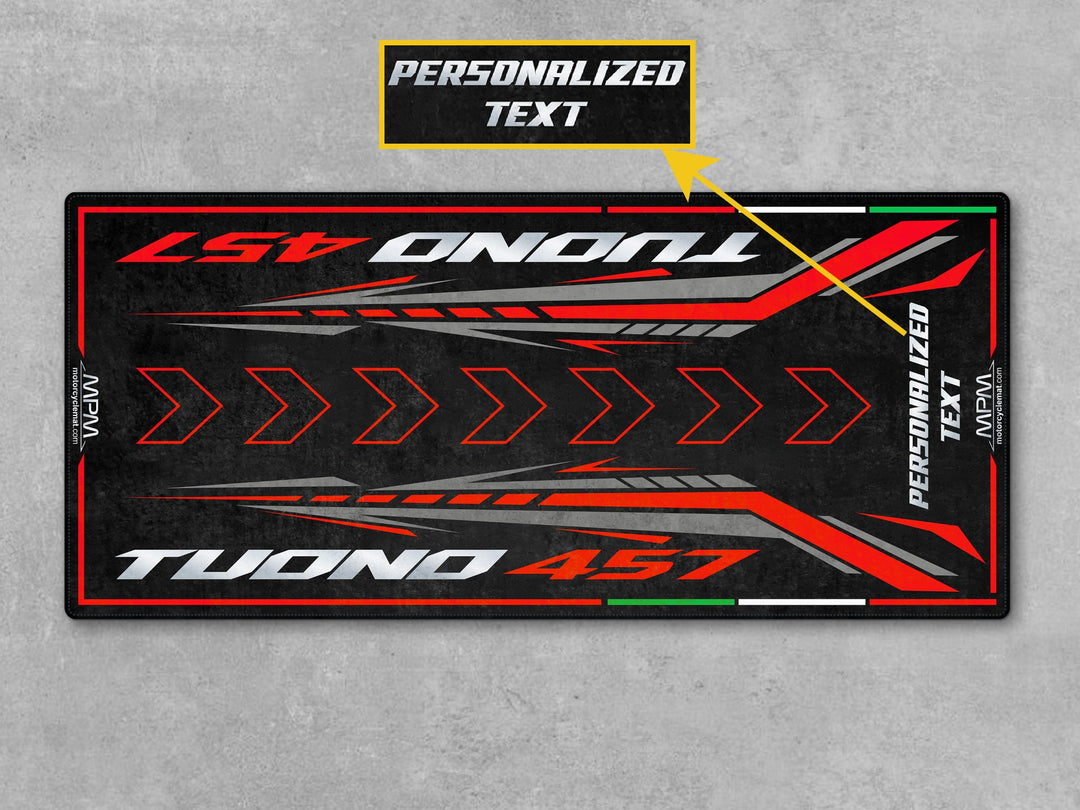 Custom parking mat for Aprilia Tuono 457. Unique rider gift and garage mat designed to protect and showcase your Piranha Red sportbike and parts.
