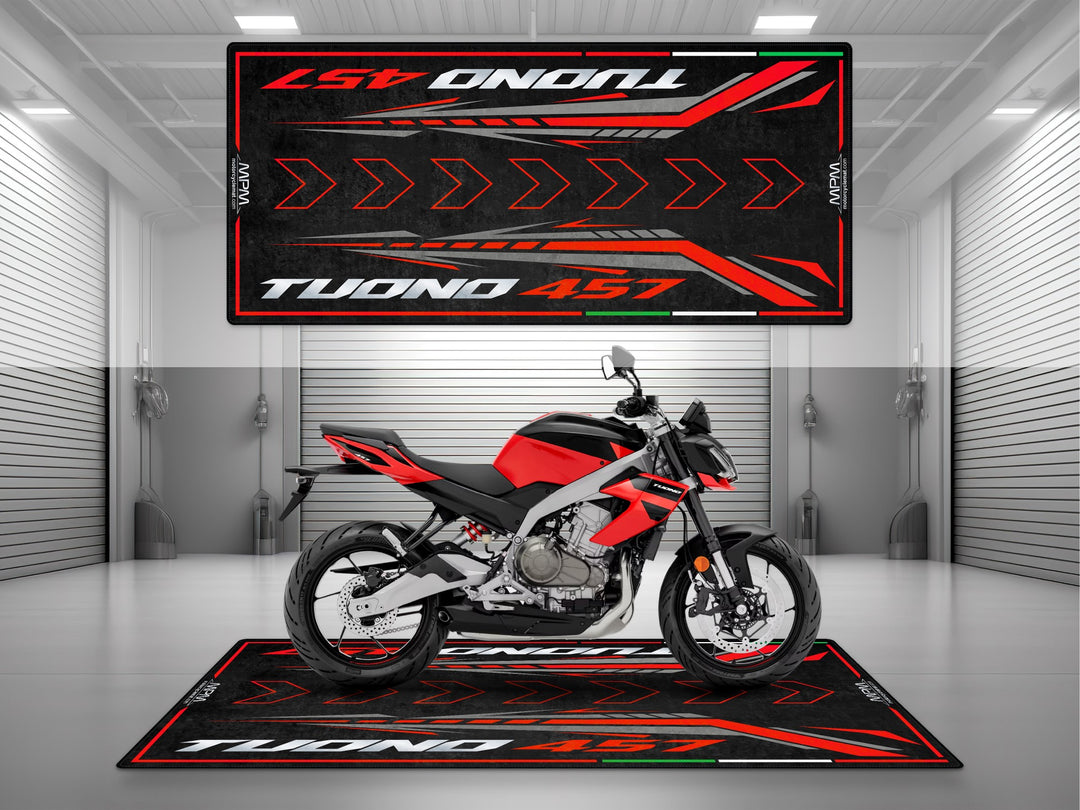 Garage and parking mat for Aprilia Tuono 457 Piranha Red. Motorcycle parts accessory and floor cover gift for sportbike garage setup and protection.
