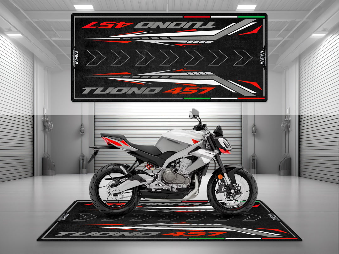 Garage and parking mat for Aprilia Tuono 457 Puma Gray. Ideal floor cover, parts accessory, and motorcycle gift for garage setups and sportbike lovers.
