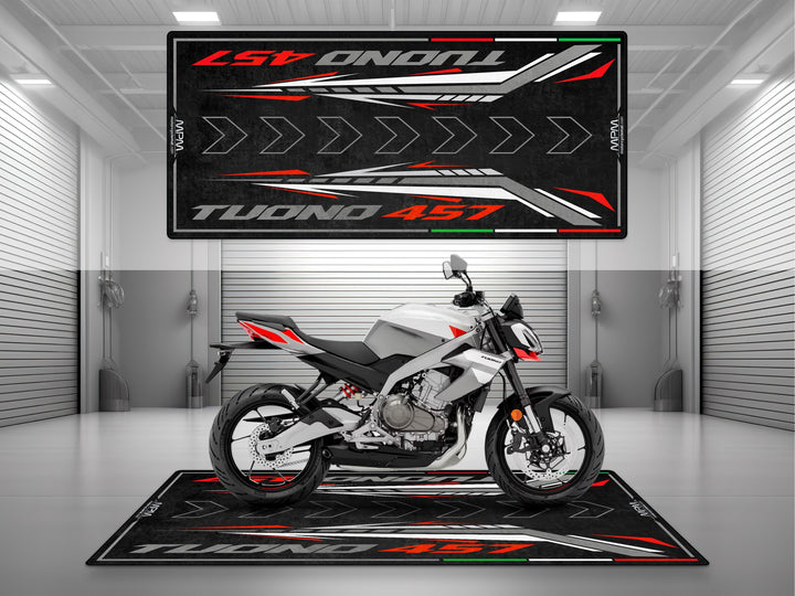 Garage and parking mat for Aprilia Tuono 457 Puma Gray. Ideal floor cover, parts accessory, and motorcycle gift for garage setups and sportbike lovers.
