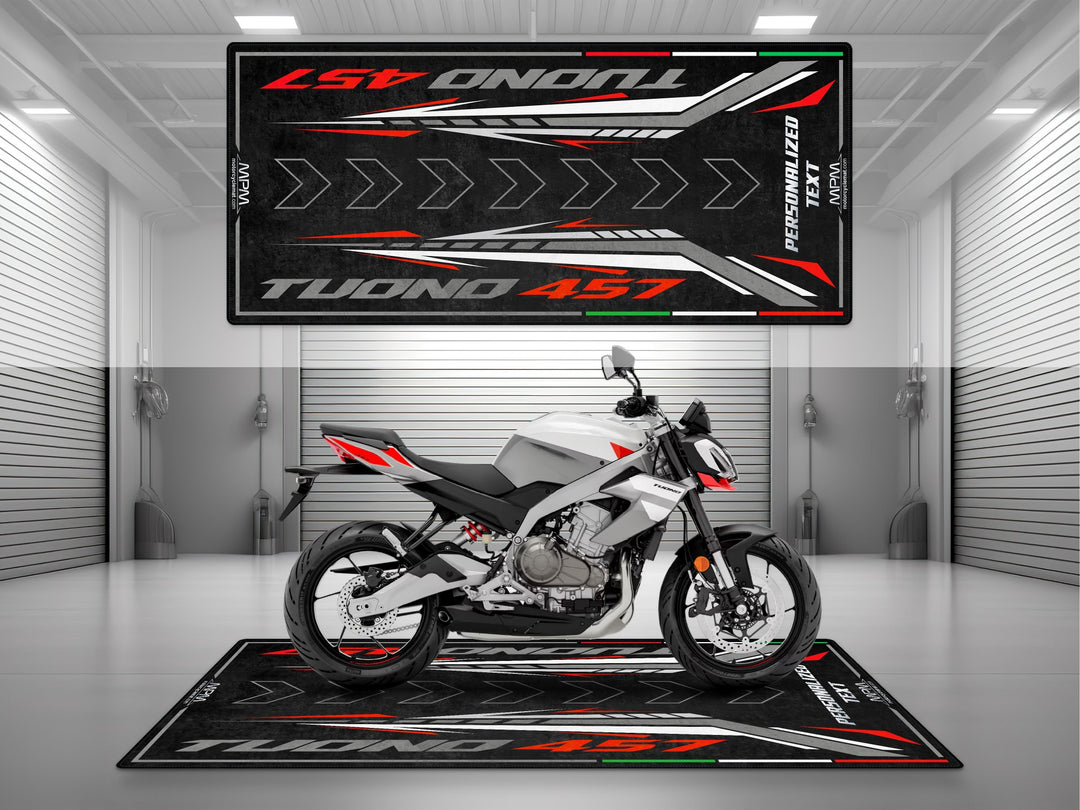 Personalized garage mat for Aprilia Tuono 457 Puma Gray. Custom parking mat and motorcycle gift made for riders who value parts protection and display.

