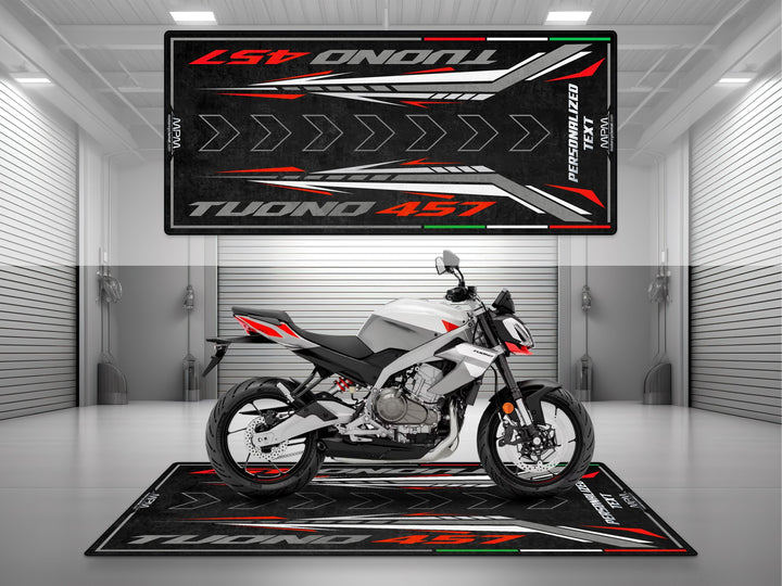 Personalized garage mat for Aprilia Tuono 457 Puma Gray. Custom parking mat and motorcycle gift made for riders who value parts protection and display.
