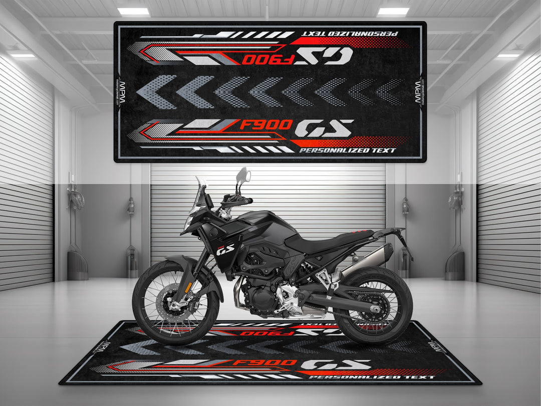 Custom pit rug for BMW F900 GS – adventure floor cover for superbike garage, track prep, and essential motorcycle gear.