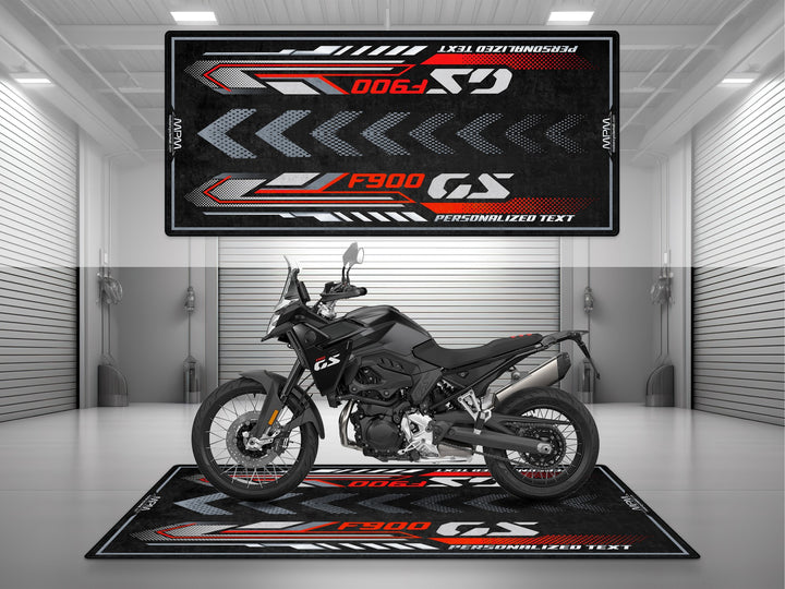 Custom pit rug for BMW F900 GS – adventure floor cover for superbike garage, track prep, and essential motorcycle gear.