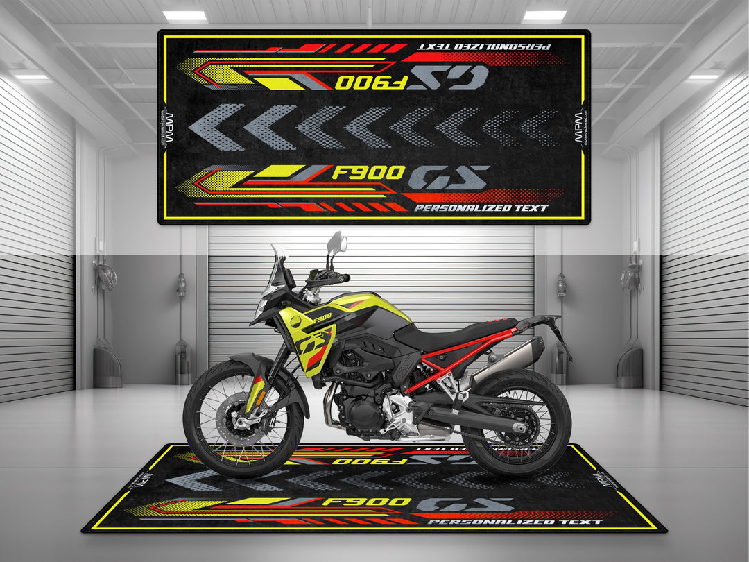 Personalized motorcycle display mat for F900 GS Passion – custom floor cover for track-ready riders and garage décor lovers.