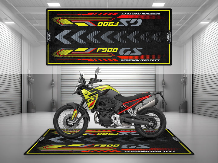Personalized motorcycle display mat for F900 GS Passion – custom floor cover for track-ready riders and garage décor lovers.