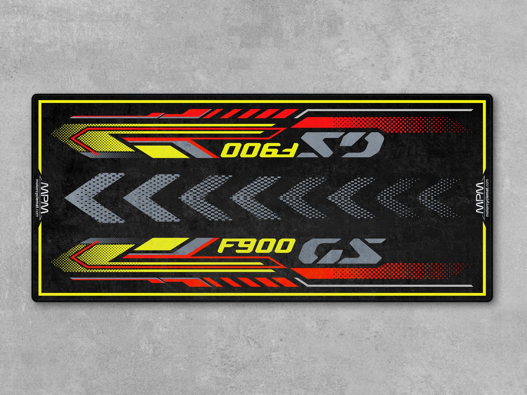 Bold F900 GS Passion in neon yellow on a stylish rug – perfect for superbike garage, racetrack prep, or parts zone setup.