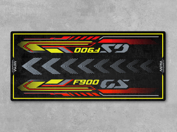 Bold F900 GS Passion in neon yellow on a stylish rug – perfect for superbike garage, racetrack prep, or parts zone setup.