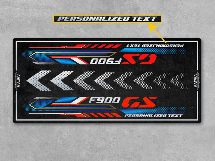 Personalized garage mat for F900 GS – Thermoplastic Rubber floor cover for track prep, adventure display, and stylish floor protection.