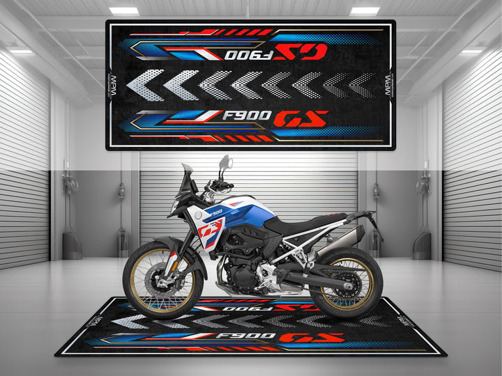 Garage mat for BMW F900 GS Trophy – off-road style Thermoplastic Rubber floor cover. Perfect for parking mat, racetrack prep, or showroom display.