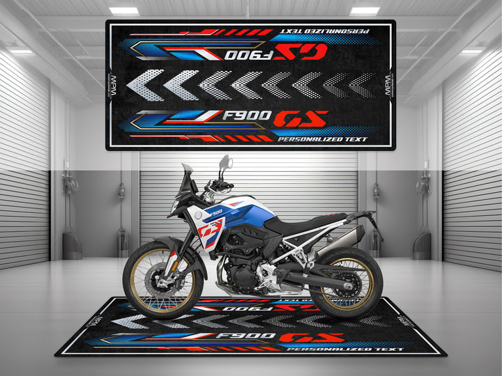 Custom pit rug for BMW F900 GS Trophy – rugged motorcycle gear base for superbike garage, rider essentials, parts, and off-road accessory setup.