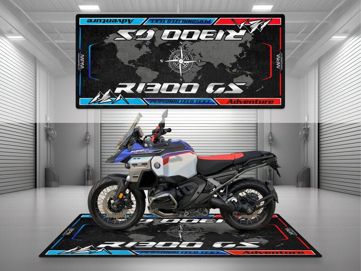 Custom motorcycle display rug for R1300GS Adventure GS Trophy – personalized floor cover made from Thermoplastic Rubber.
