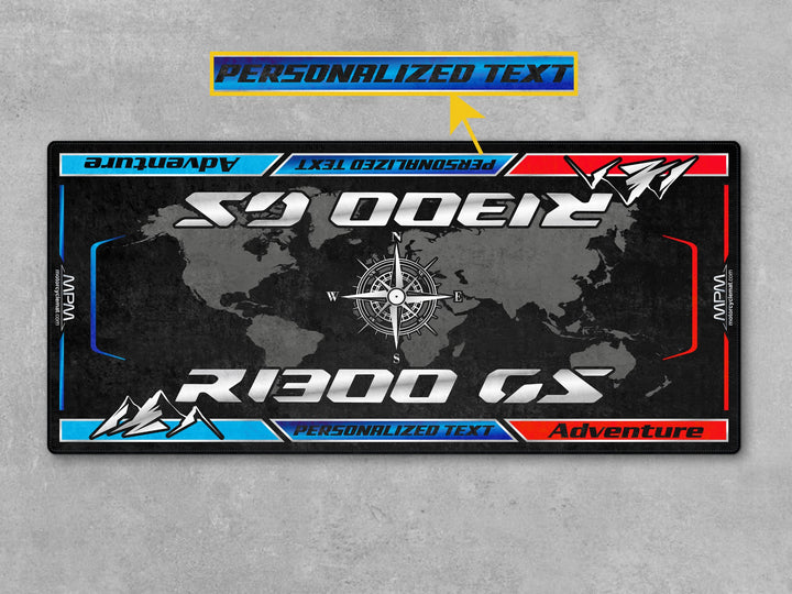 Personalized garage mat for GS Trophy R1300GS – unique custom pit rug and great gift for any adventure rider.
