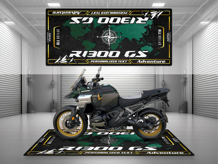 Personalized garage rug for BMW R1300GS – custom motorcycle display mat made from Thermoplastic Rubber.
