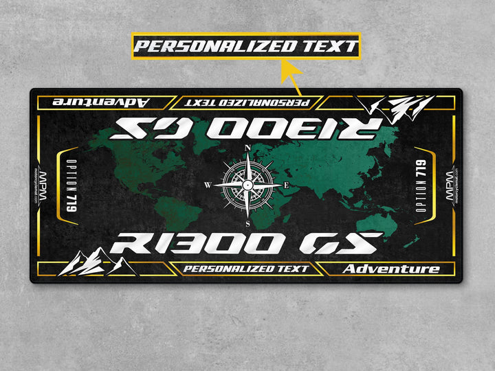 Custom pit rug for R1300GS Karakorum – personalized floor cover and unique gift idea for dual sport setup riders.
