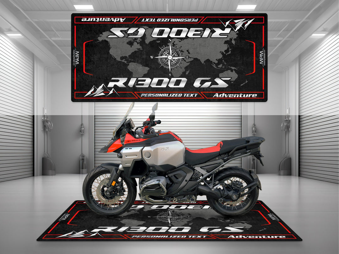 Custom motorcycle display rug for BMW R1300GS Adventure – personalized garage mat made of Thermoplastic Rubber.
