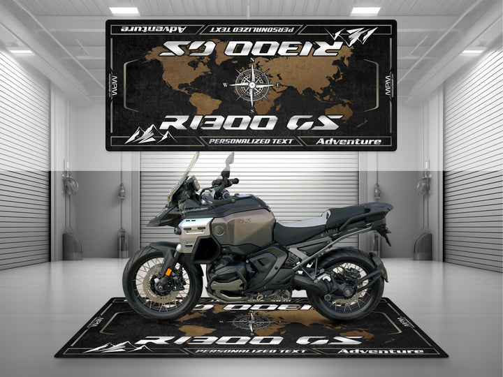 Personalized motorcycle display rug for Triple Black R1300GS – custom pit mat made from Thermoplastic Rubber.
