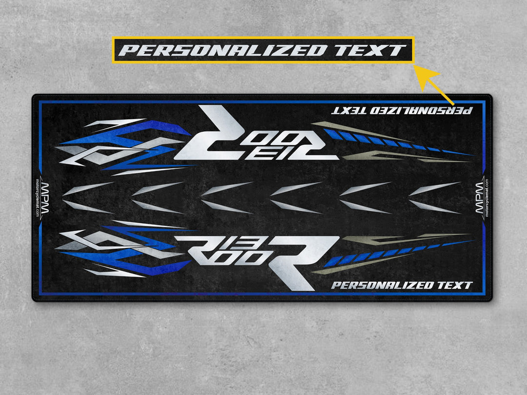Personalized motorcycle carpet for parts layout, superbike garage flooring, and track prep. Compatible with BMW R1300 R Exclusive.