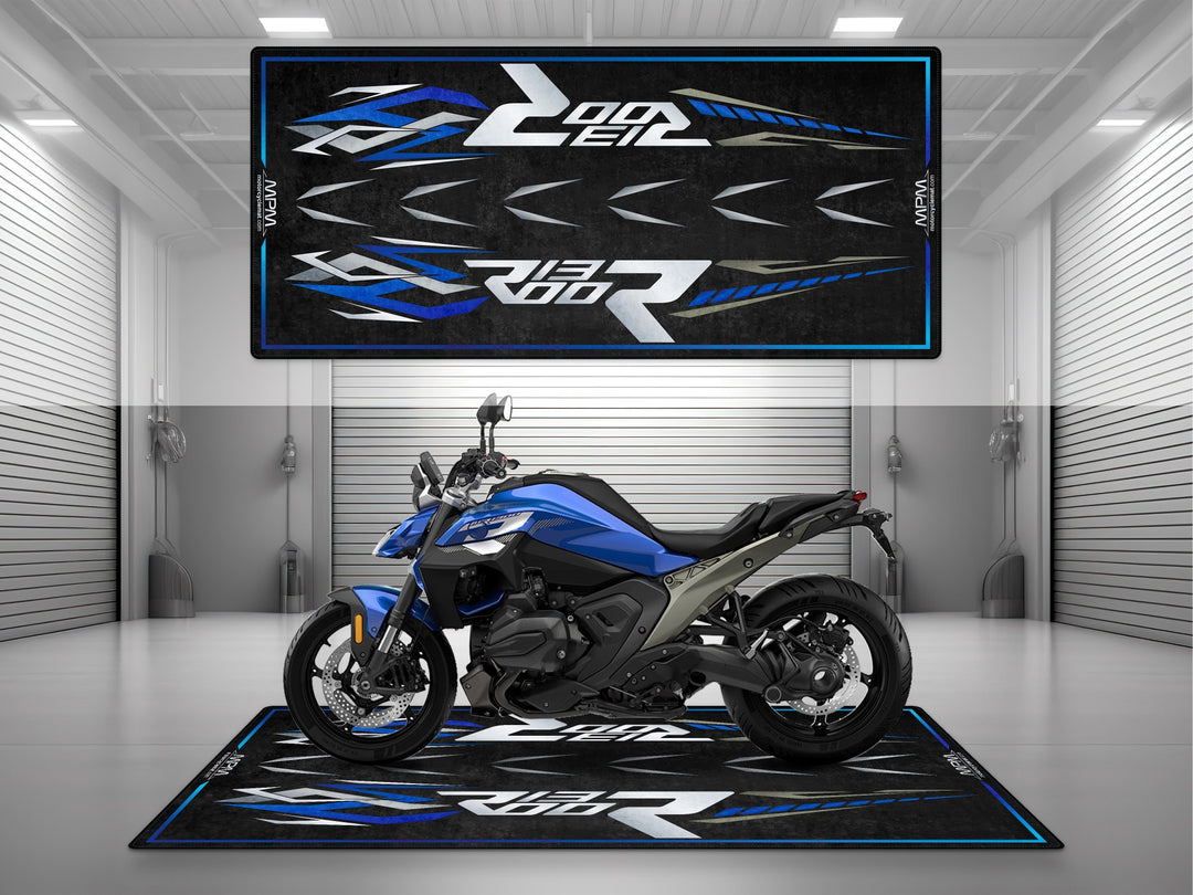Premium garage mat and pit mat for BMW R1300 R Exclusive. Bold floor cover built for bike zone storage or motorcycle showroom aesthetics.