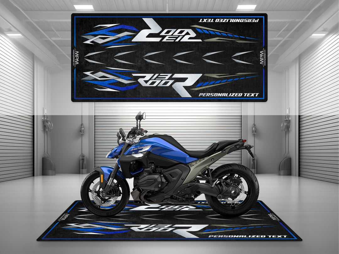 Custom pit rug for BMW R1300 R Exclusive. Perfect rider essentials item and a unique motorcycle gift for fans of exclusive BMW style.