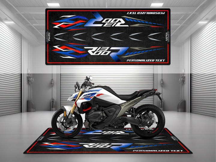 Custom pit rug for BMW R1300 R Performance – motorcycle gear essential for any superbike garage. Great rider gift and stylish accessory.