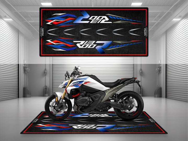 Garage mat for BMW R1300 R Performance in tricolor – Thermoplastic Rubber floor cover for racetrack, showroom, or track prep.