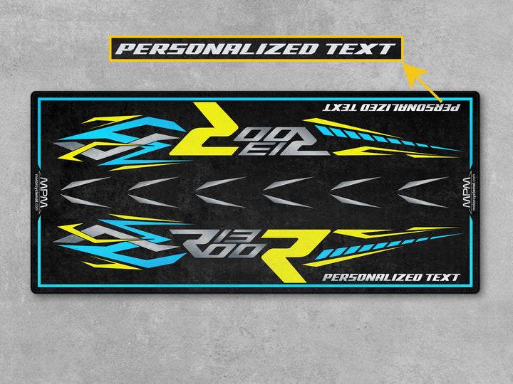 Personalized motorcycle rug made to protect your superbike garage floor, track prep area, or parts station. Compatible with BMW R1300 R Snapper Rocks Blue Metallic.
