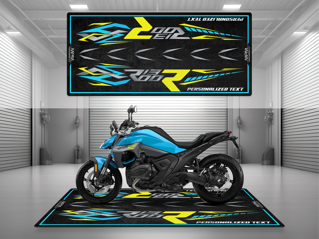 Custom pit rug for BMW R1300 R Snapper Rocks Blue Metallic. Ideal motorcycle gear gift for passionate riders and a standout garage accessory.
