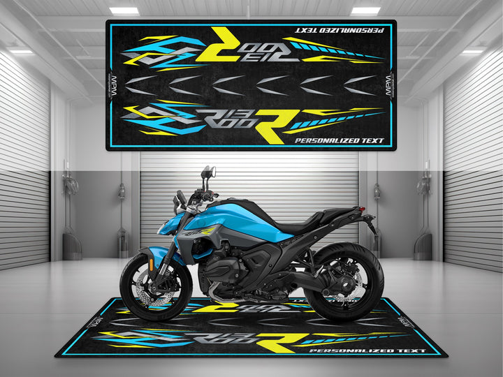 Custom pit rug for BMW R1300 R Snapper Rocks Blue Metallic. Ideal motorcycle gear gift for passionate riders and a standout garage accessory.