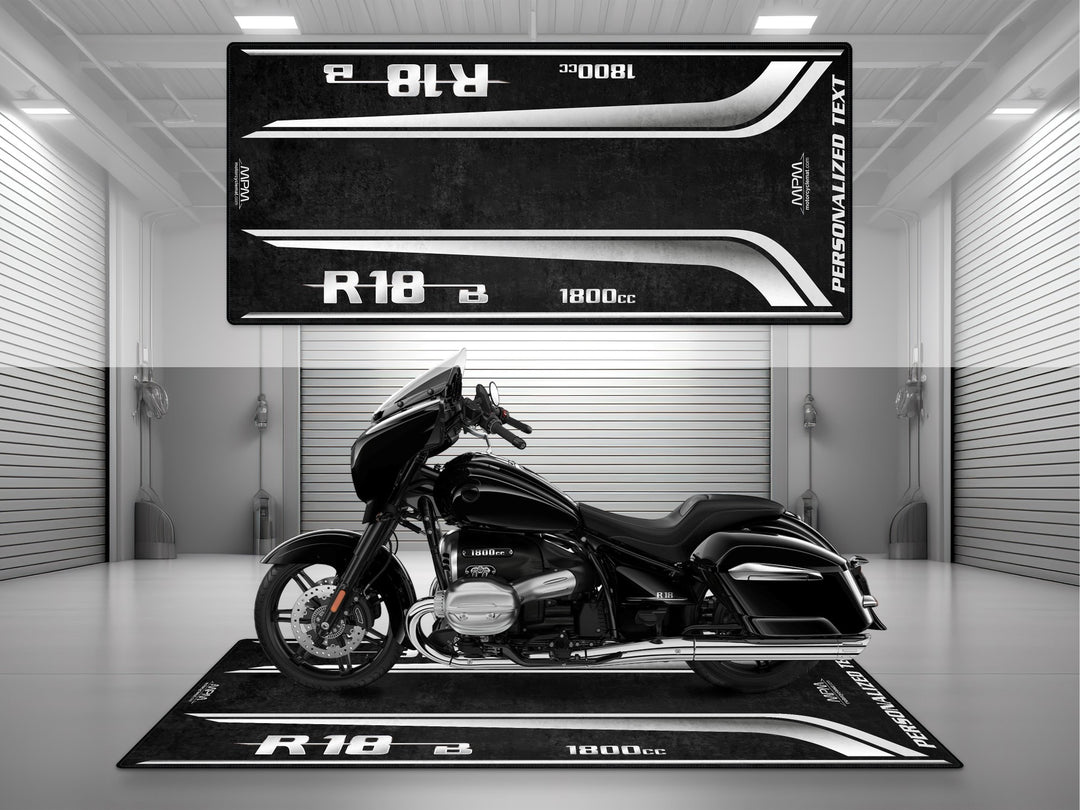 Custom pit rug for BMW R18 B – ideal motorcycle gear and accessory for superbike garage. Bold look for chrome parts and rider essentials.