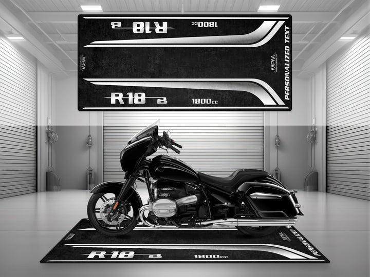 Custom pit rug for BMW R18 B – ideal motorcycle gear and accessory for superbike garage. Bold look for chrome parts and rider essentials.