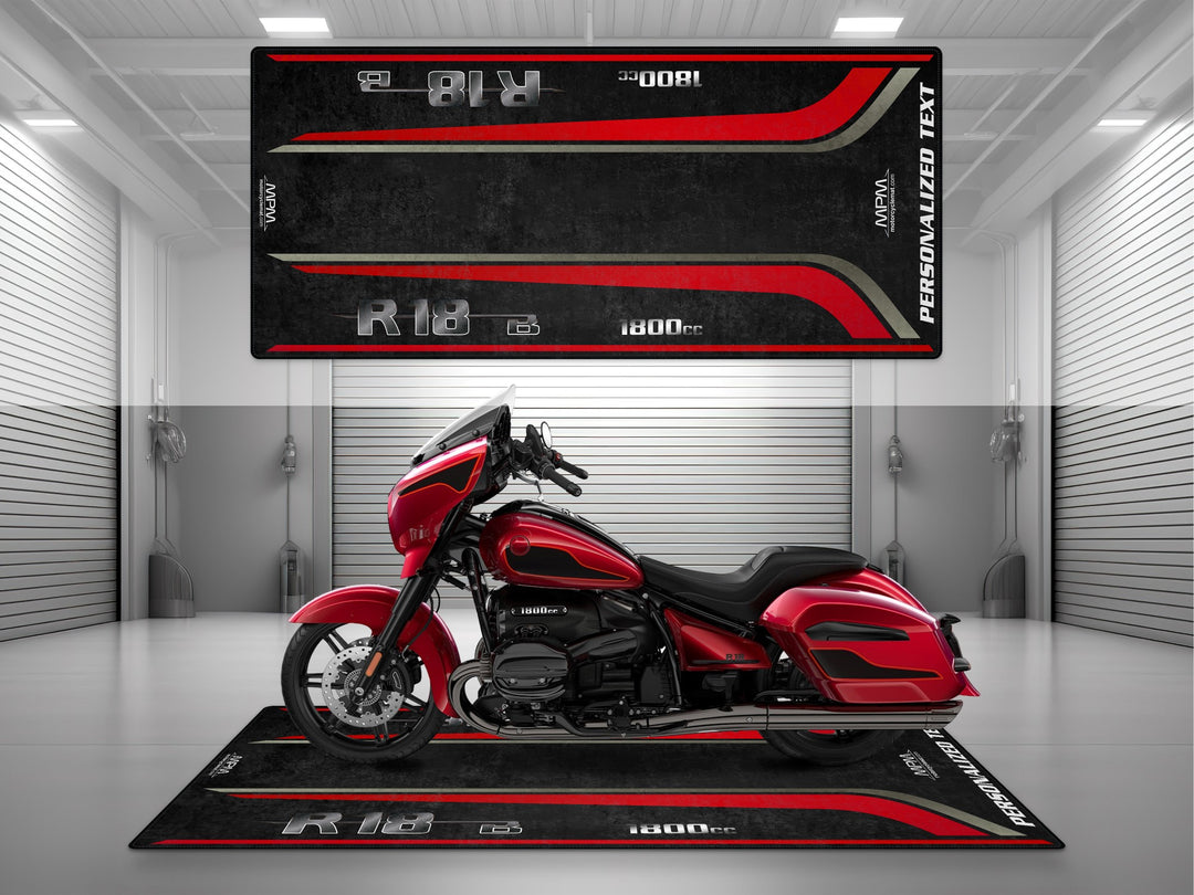 Custom pit rug for Dragonfire Red R18 B – a must-have motorcycle gear for your superbike garage. Great gift, rider essential, and parts mat.