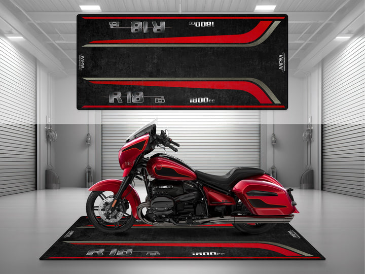 Garage mat for BMW R18 B in Dragonfire Red – Thermoplastic Rubber floor cover for racetrack, showroom, or bold track prep zones.