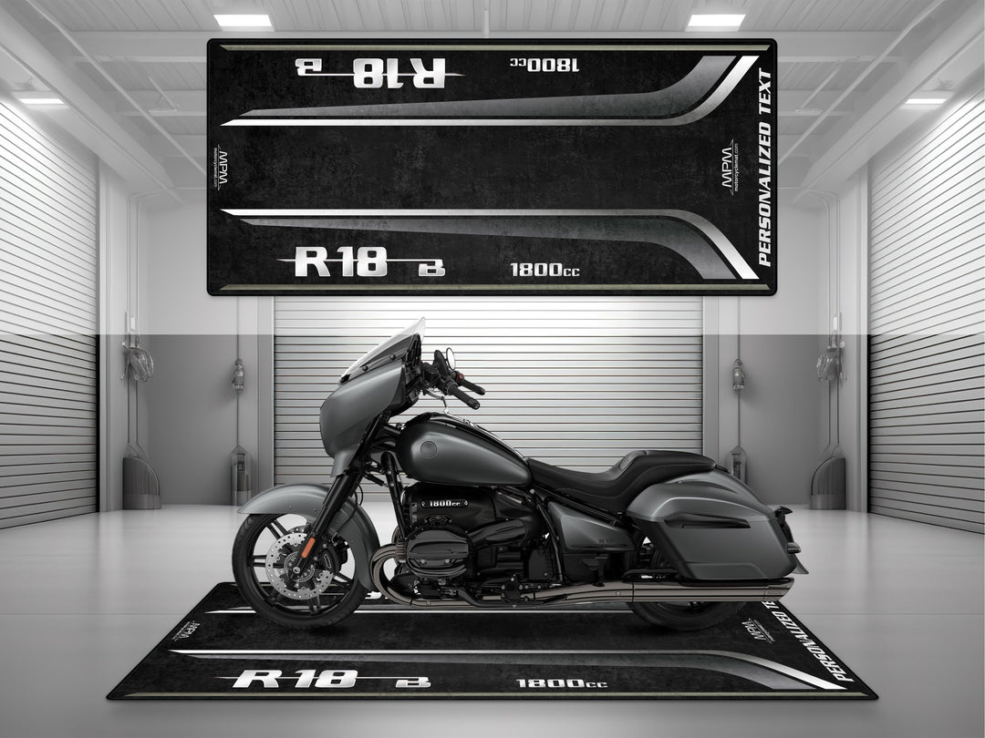 Custom pit rug for R18 B – matte gray motorcycle gear base for superbike garage. Ideal for parts, rider essentials, and premium accessories.