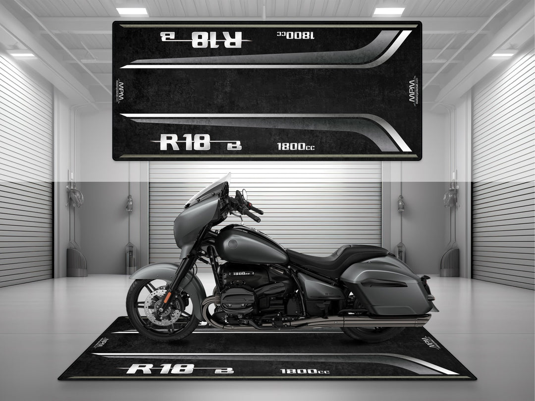 Garage mat for BMW R18 B in matte mineral gray – Thermoplastic Rubber floor cover for racetrack, showroom, or your custom track prep setup.