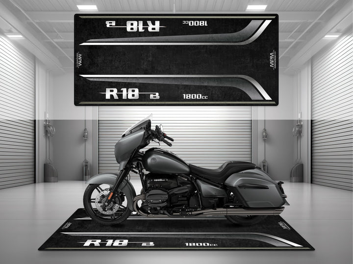 Garage mat for BMW R18 B in matte mineral gray – Thermoplastic Rubber floor cover for racetrack, showroom, or your custom track prep setup.