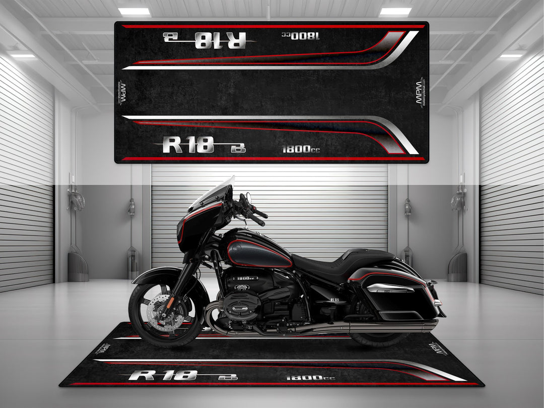 Garage mat for BMW R18 B Black Pearl – luxury bagger in black and silver on a Thermoplastic Rubber floor cover for racetrack or showroom.