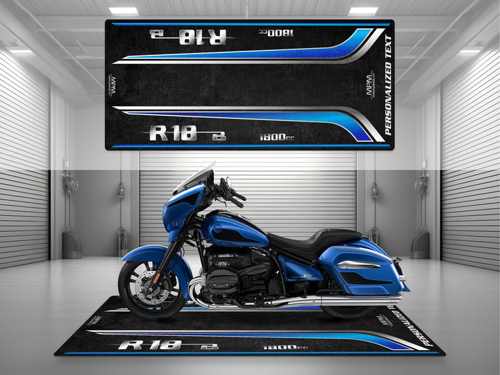 Custom pit rug for Racing Blue R18 B – essential motorcycle gear and rug for superbike garage. Great gift for riders and chrome parts lovers.