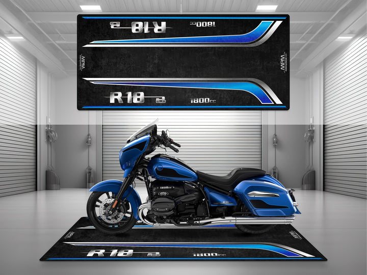 Garage mat for BMW R18 B in Racing Blue – bold metallic cruiser on Thermoplastic Rubber floor cover. Perfect for showroom or racetrack.