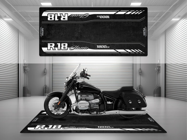 Garage mat for BMW R18 Classic – gloss black and chrome cruiser on Thermoplastic Rubber floor cover, ideal for showroom and racetrack.