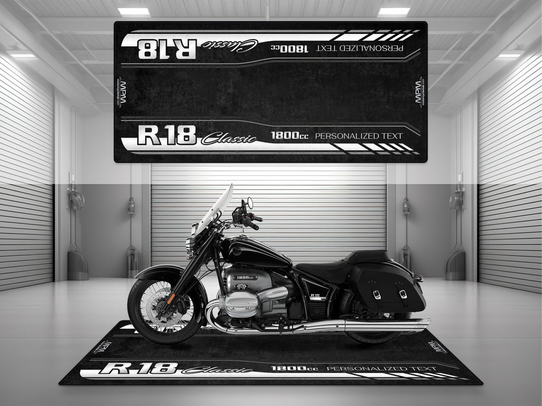 Custom pit rug for BMW R18 Classic – motorcycle gear and rider essentials for your superbike garage. A premium black cruiser display rug.