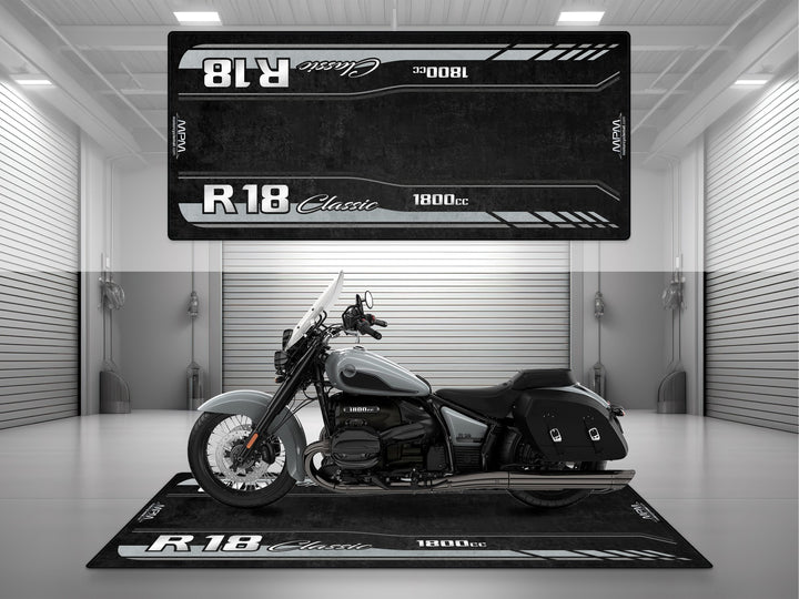 Garage mat for BMW R18 Classic in Brooklyn Gray – a light metallic gray cruiser with chrome accents. Perfect floor cover for showroom or racetrack.