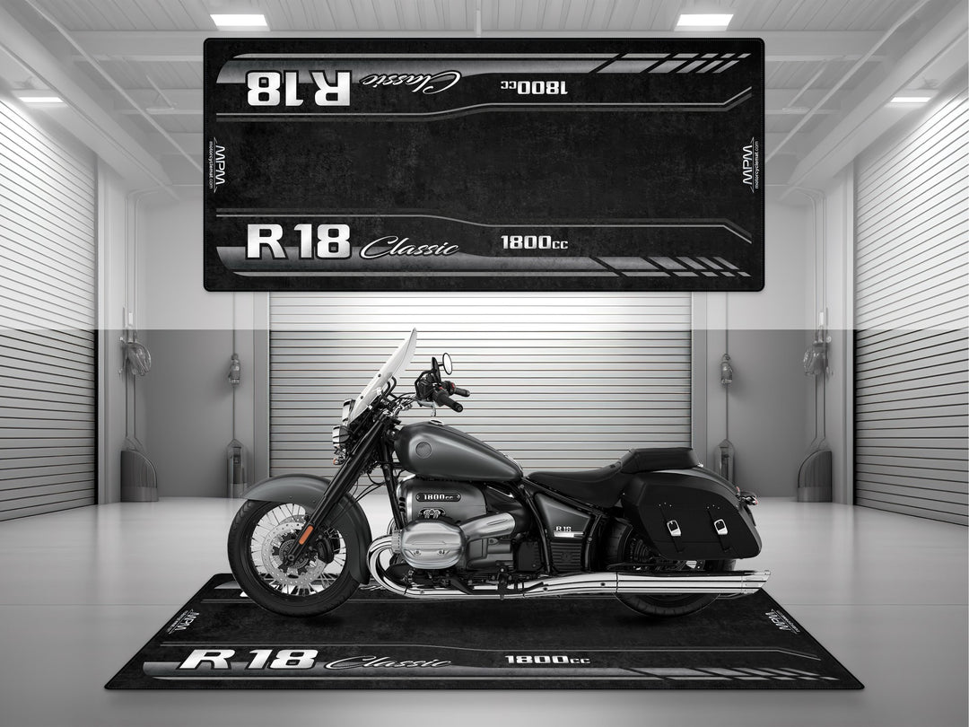 Garage mat for BMW R18 Classic in matte mineral gray – Thermoplastic Rubber floor cover for your showroom, racetrack, or track prep space.