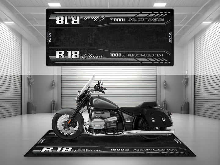 Custom pit rug for BMW R18 Classic – matte mineral gray with chrome finish. Ideal motorcycle gear, parts, and accessory for superbike garage.