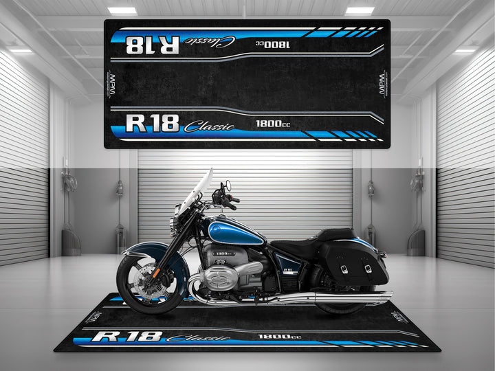 Garage mat for BMW R18 Classic in Aquamarine Blue – bright metallic cruiser on a Thermoplastic Rubber floor cover for showroom or racetrack.
