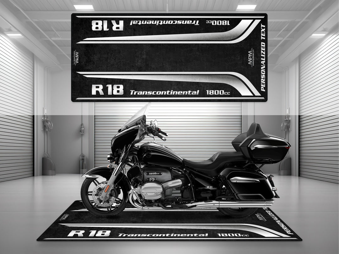 Personalized custom pit rug for BMW R18 Transcontinental Blackstorm Metallic. A perfect motorcycle gift and rider essentials piece.
